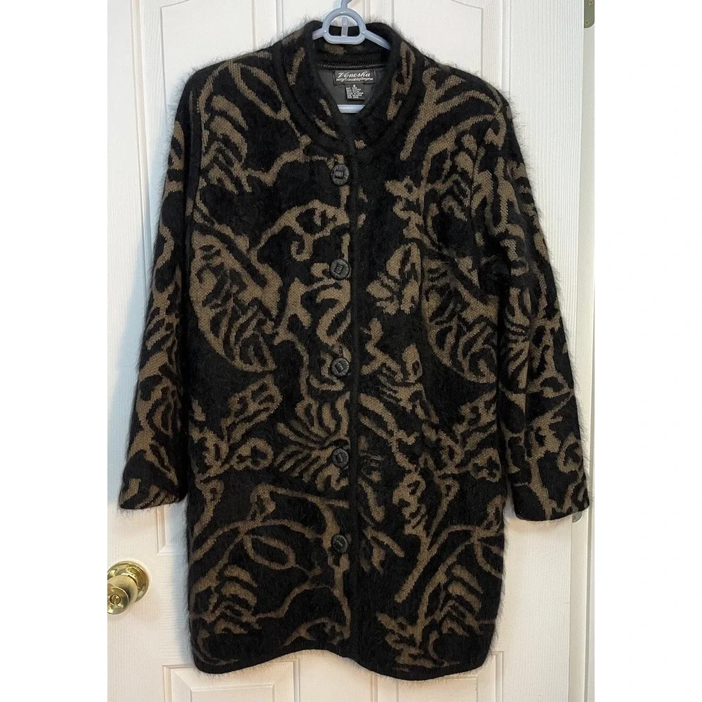 VENESHA Black & Brown Angora Thigh Length Patterned Sweater Jacket Size Small